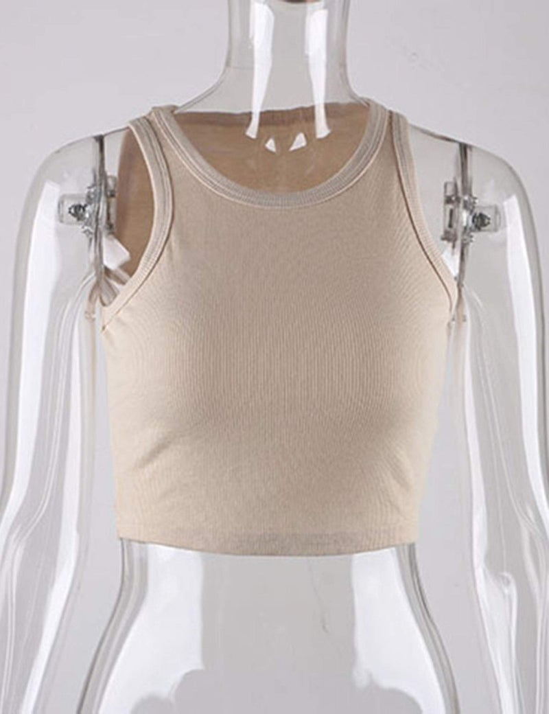 Meladyan Women's Round Neck Basic Racerback Camisole Rib-Knit Solid Sleeveless Crop Tank Tops (Small, Apricot) - Image 5